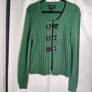 Green Ribbed Cardigan with Toggle Closures
